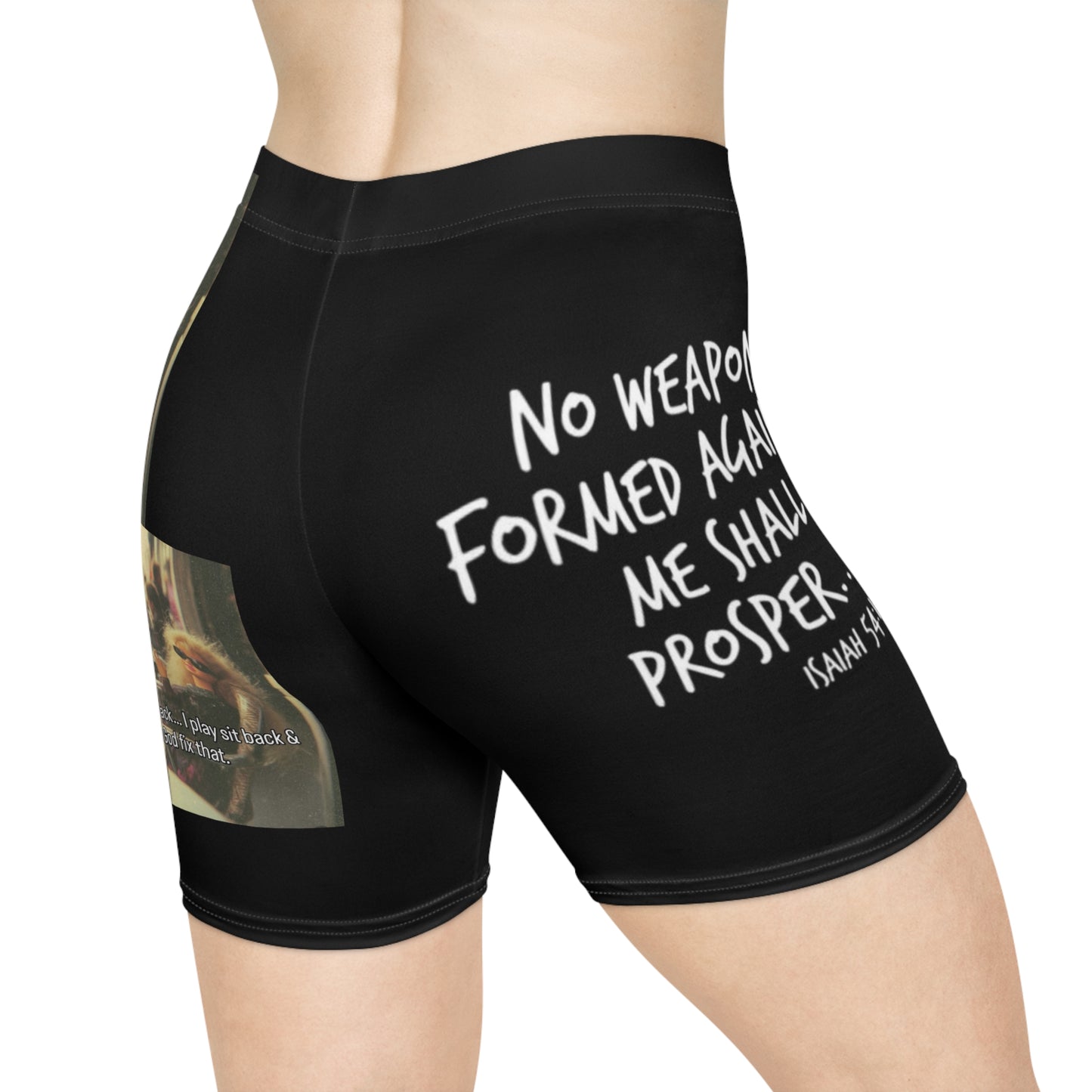 Isaiah 54:17 Christian Graphic Biker Shorts — "No Weapon" Faith Statement