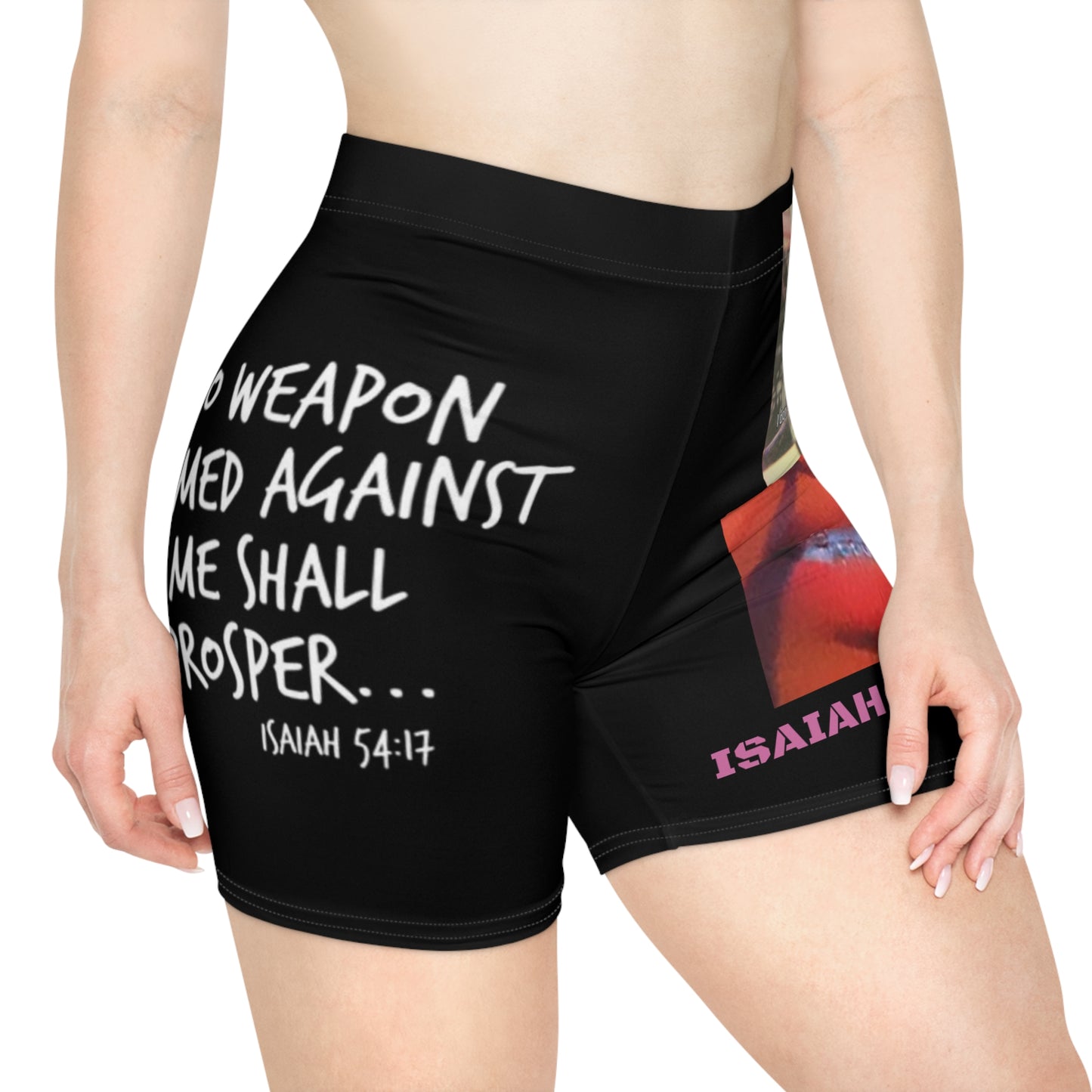 Isaiah 54:17 Christian Graphic Biker Shorts — "No Weapon" Faith Statement