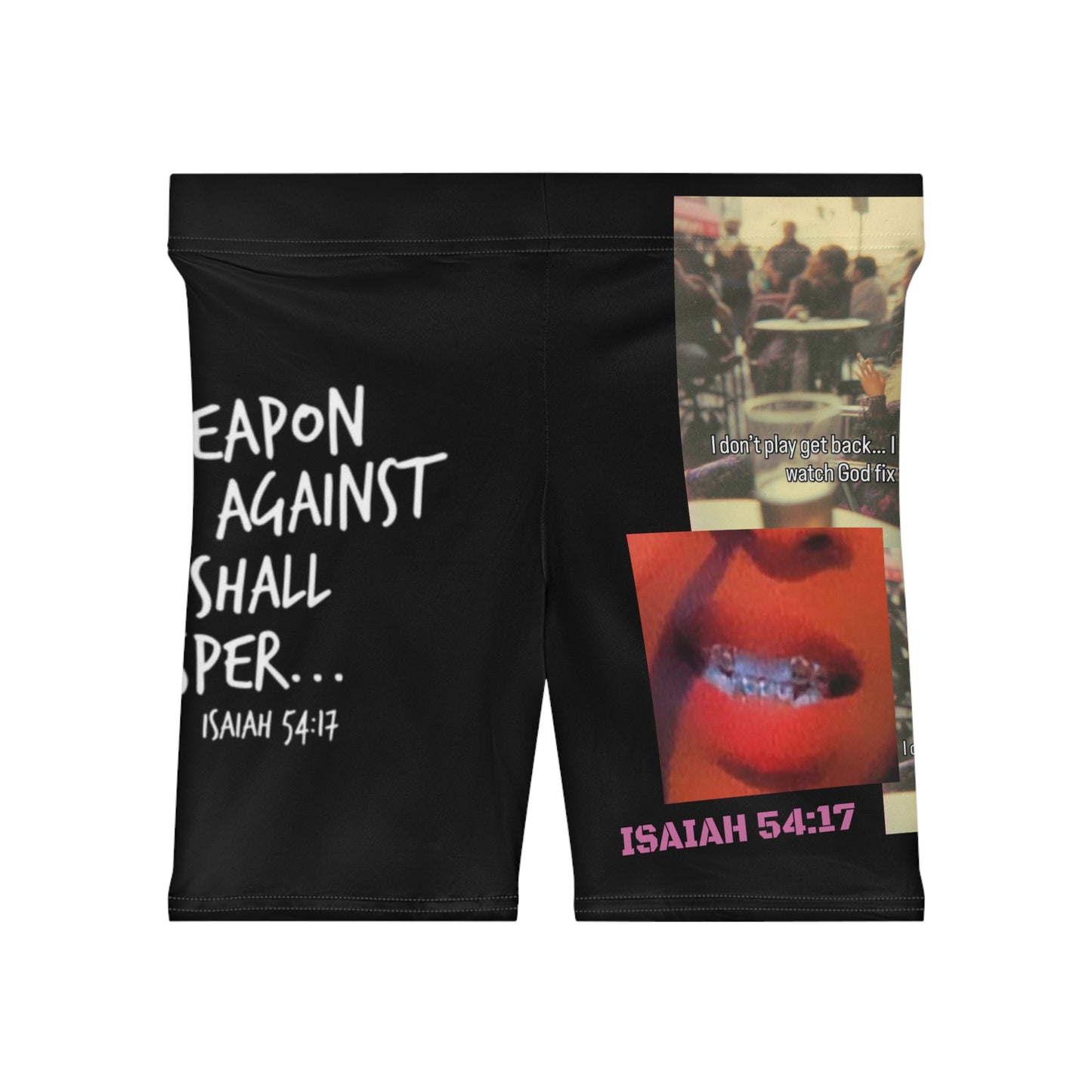 Isaiah 54:17 Christian Graphic Biker Shorts — "No Weapon" Faith Statement