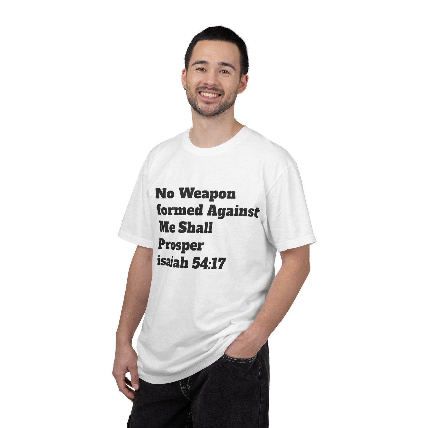 Isaiah 54:17 Scripture T-Shirt — "No Weapon Formed Against Me Shall Prosper" Christian Tee